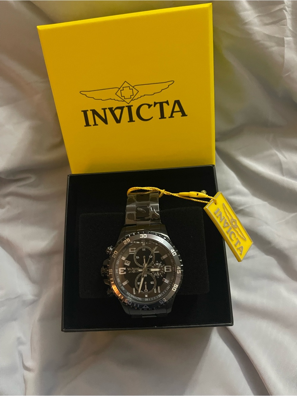 Invicta Black Stainless Steel Chronograph with Yellow Tag